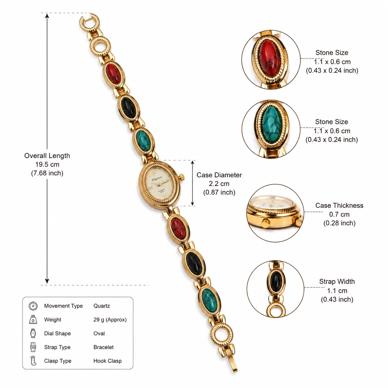 Vintage gold gemstone Bracelet Watch for Women