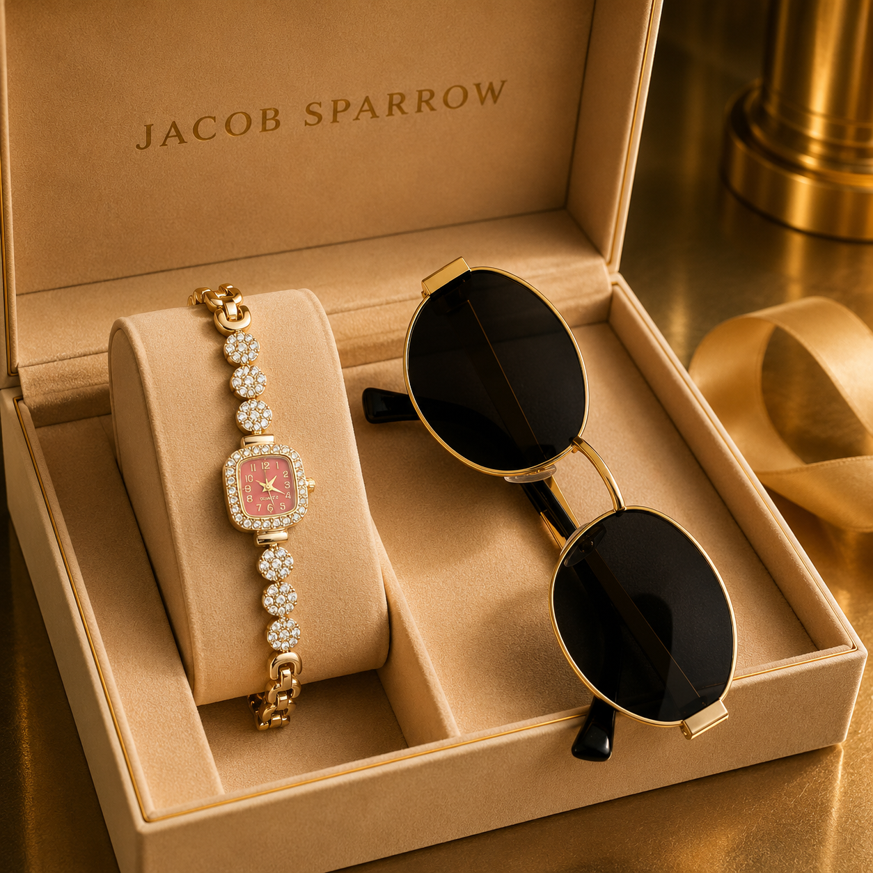 Jacob Sparrow Luxury Women's CRYSTARA Analog Watch & Premium Sunglasses Combo | Elegant Fashion Gift Set