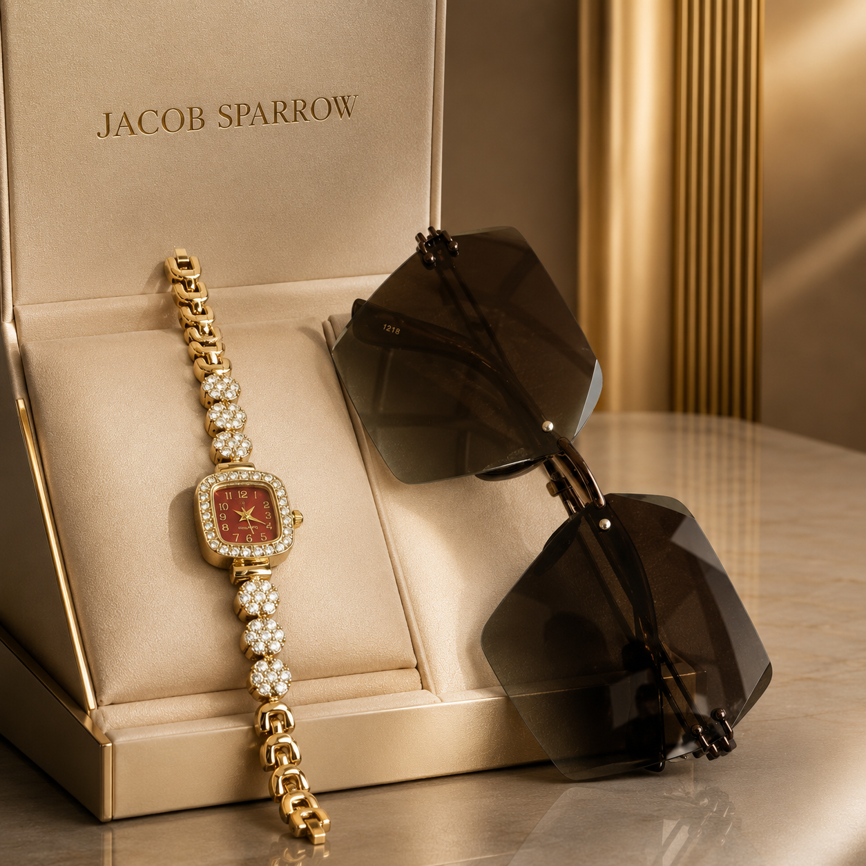 Jacob Sparrow Luxury Women's CRYSTARA Analog Watch & Premium Sunglasses Combo | Elegant Fashion Gift Set