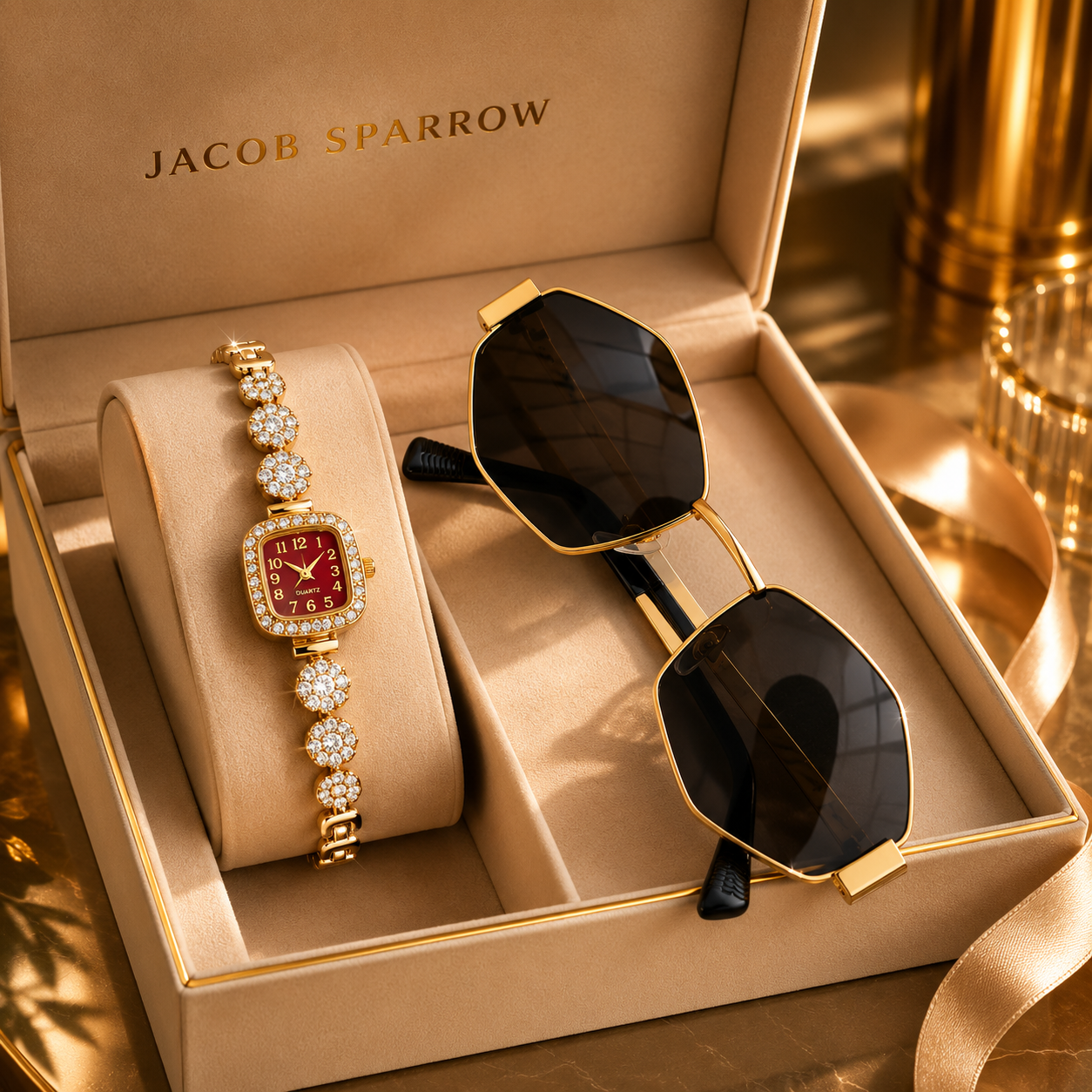 Jacob Sparrow Luxury Women's CRYSTARA Analog Watch & Premium Sunglasses Combo | Elegant Fashion Gift Set