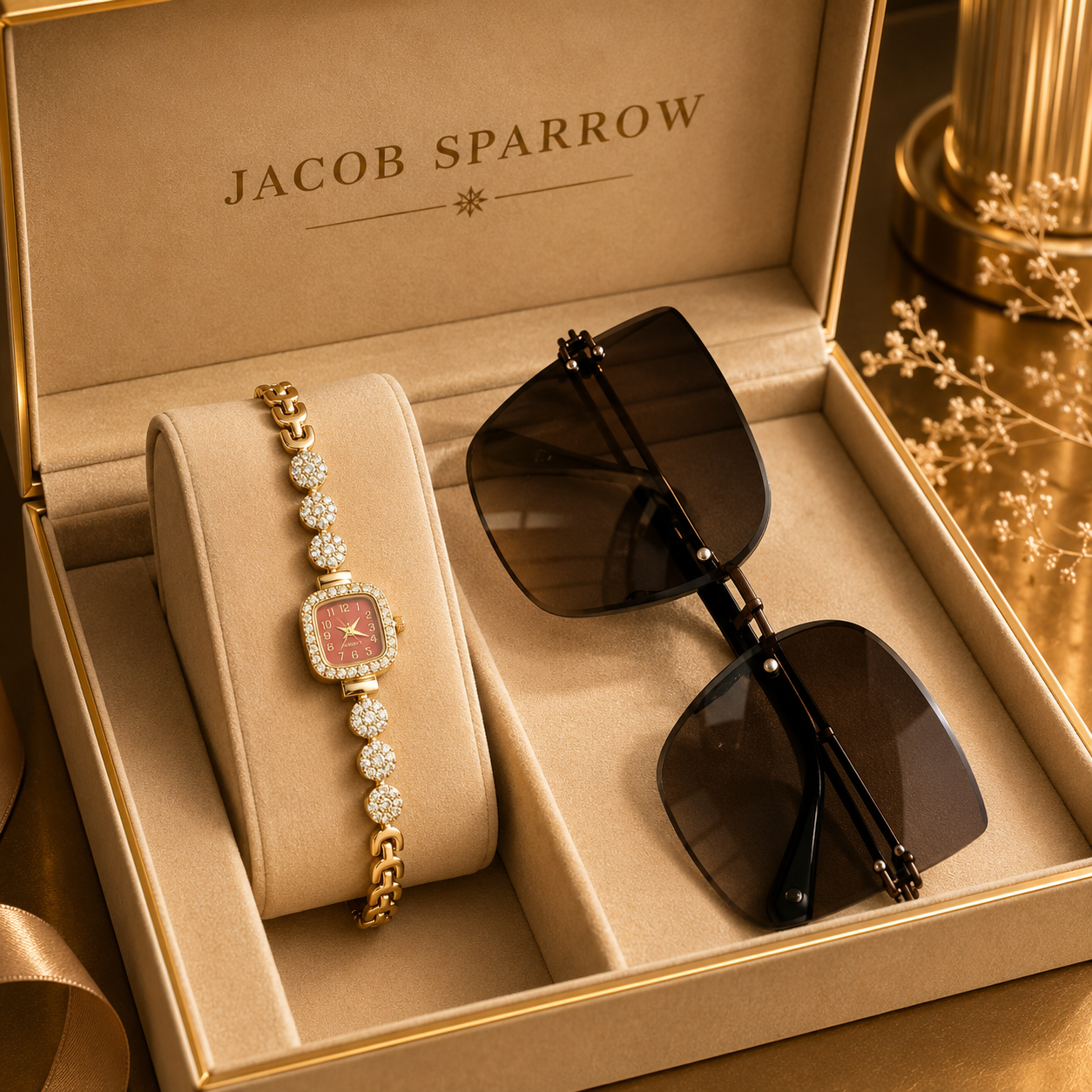 Jacob Sparrow Luxury Women's CRYSTARA Analog Watch & Premium Sunglasses Combo | Elegant Fashion Gift Set