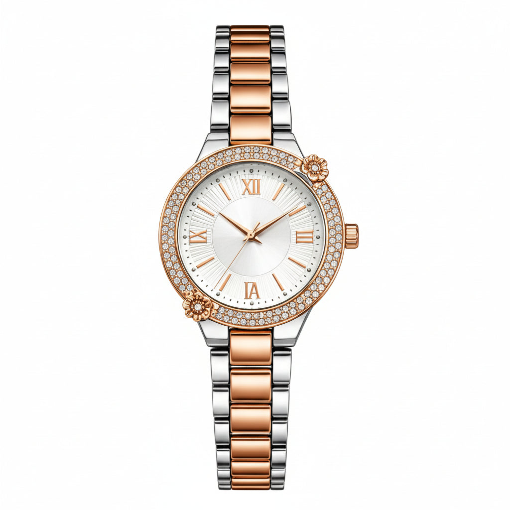 Women’s Elegant Rose Gold & Silver Analog Watch with Crystal Bezel