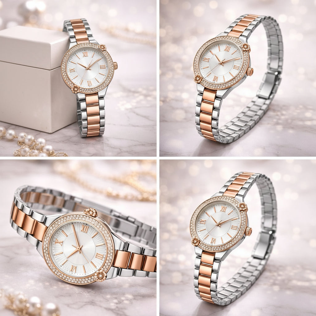 Women’s Elegant Rose Gold & Silver Analog Watch with Crystal Bezel