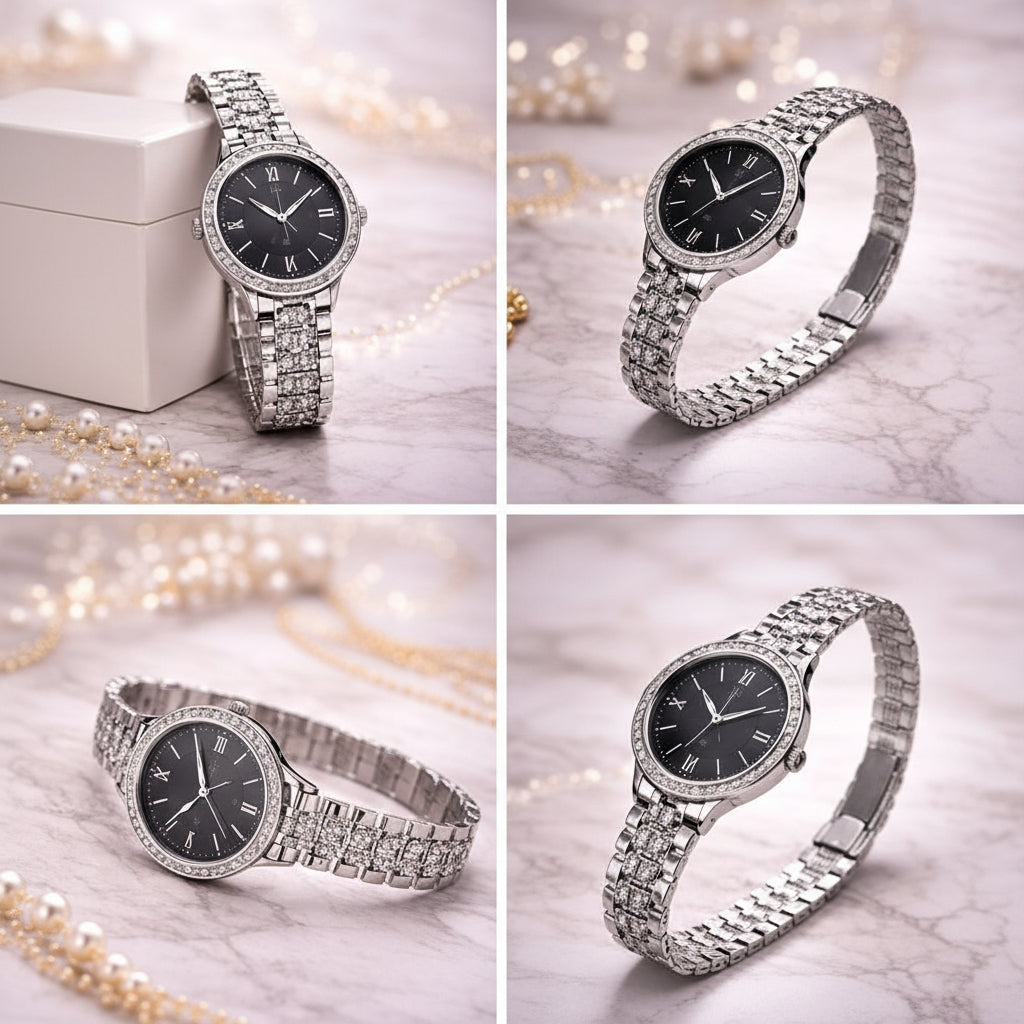 Women’s Elegant Rose Gold & Silver Analog Watch with Crystal Bezel