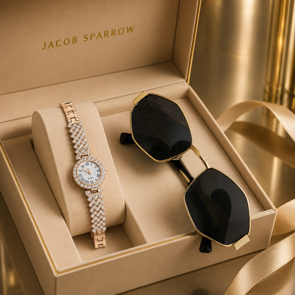 Jacob Sparrow Luxury Women's STELLARIA Analog Watch & Premium Sunglasses Combo | Elegant Fashion Gift Set