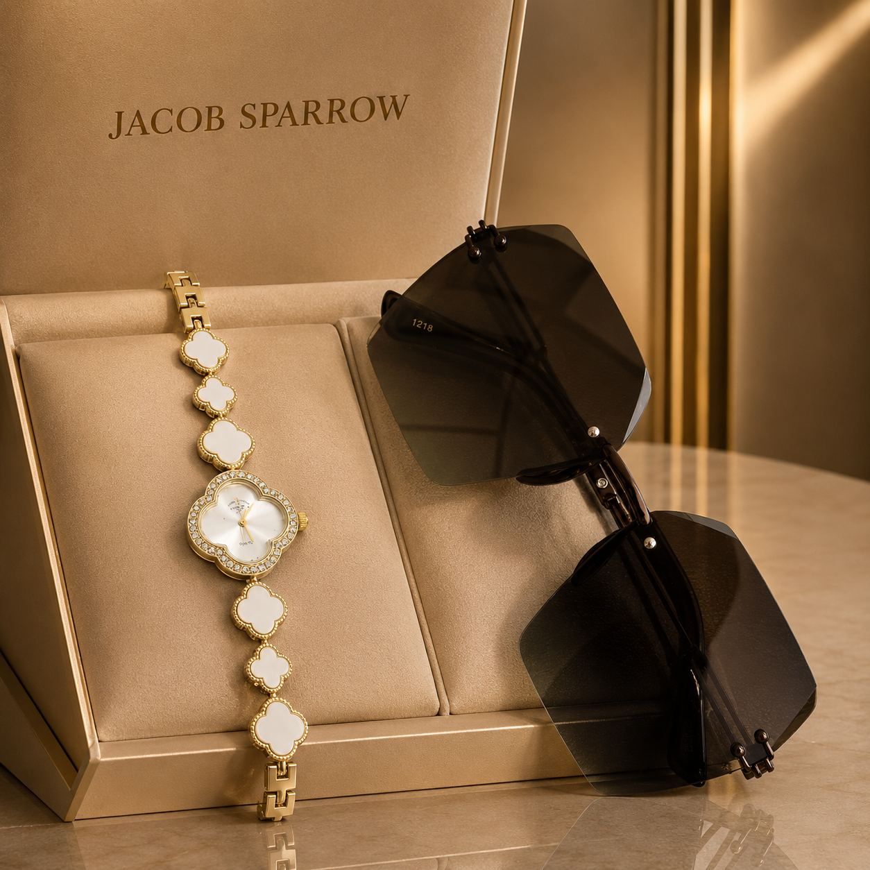 Jacob Sparrow Luxury Women's PETAL PERFECTION Analog Watch & Premium Sunglasses Combo | Elegant Fashion Gift Set