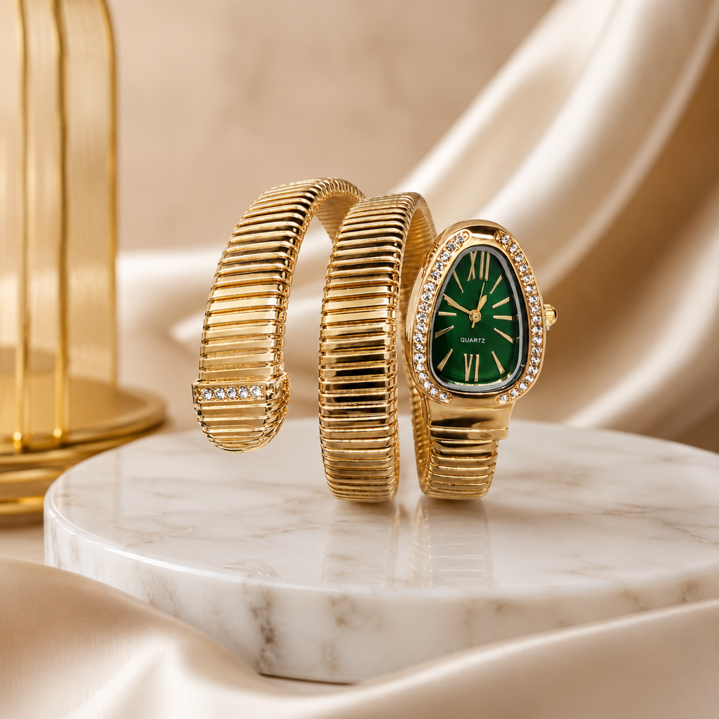Jacob Sparrow Emerald Luxe Gold Bracelet Watch for Women | Crystal-Studded Oval Green Dial | Premium Stretch Bracelet Analog Watch