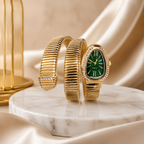 Jacob Sparrow Emerald Luxe Gold Bracelet Watch for Women | Crystal-Studded Oval Green Dial | Premium Stretch Bracelet Analog Watch