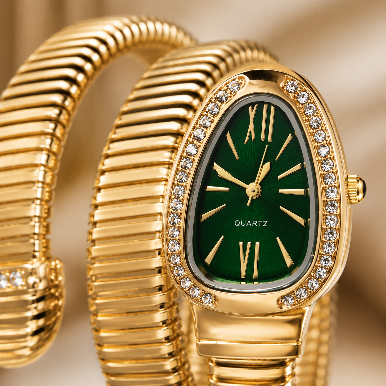 Jacob Sparrow Emerald Luxe Gold Bracelet Watch for Women | Crystal-Studded Oval Green Dial | Premium Stretch Bracelet Analog Watch