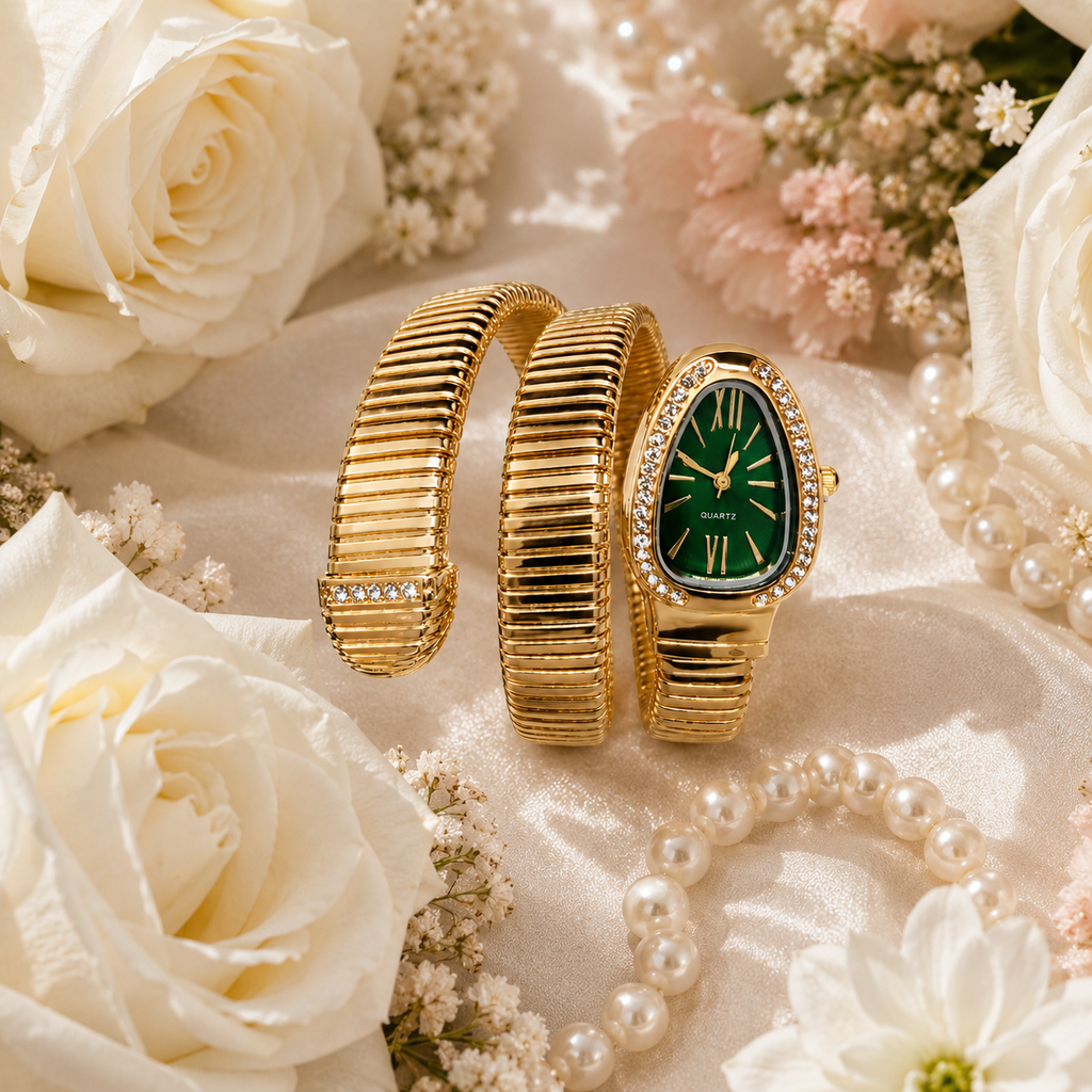 Jacob Sparrow Emerald Luxe Gold Bracelet Watch for Women | Crystal-Studded Oval Green Dial | Premium Stretch Bracelet Analog Watch