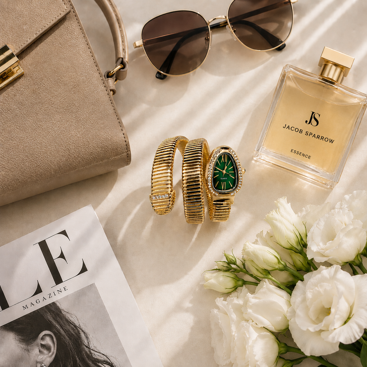 Jacob Sparrow Emerald Luxe Gold Bracelet Watch for Women | Crystal-Studded Oval Green Dial | Premium Stretch Bracelet Analog Watch