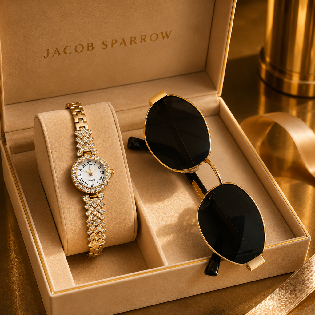 Jacob Sparrow Luxury Women's STELLARIA Analog Watch & Premium Sunglasses Combo | Elegant Fashion Gift Set