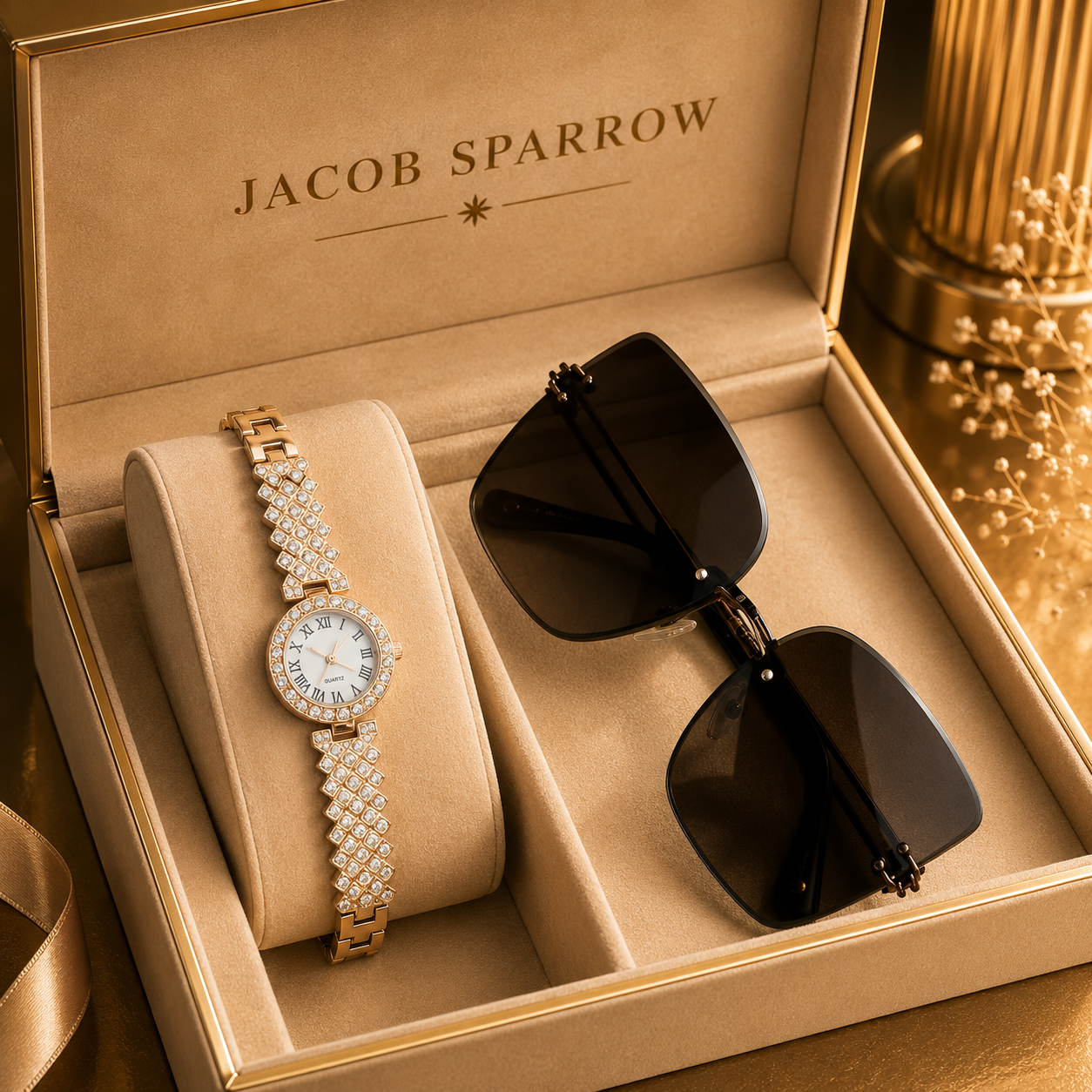 Jacob Sparrow Luxury Women's STELLARIA Analog Watch & Premium Sunglasses Combo | Elegant Fashion Gift Set