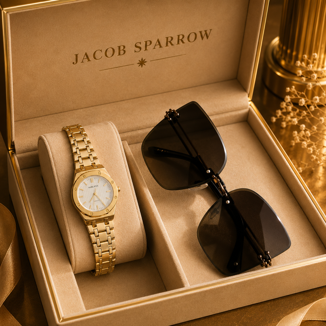 Jacob Sparrow Luxury Women's TIMORA Analog Watch & Premium Sunglasses Combo | Elegant Fashion Gift Set