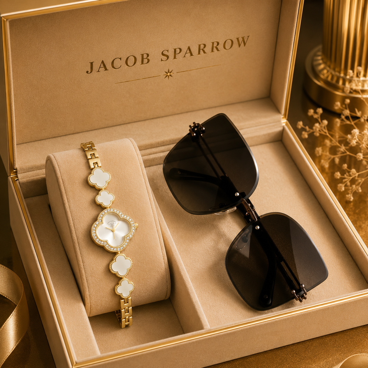 Jacob Sparrow Luxury Women's PETAL PERFECTION Analog Watch & Premium Sunglasses Combo | Elegant Fashion Gift Set