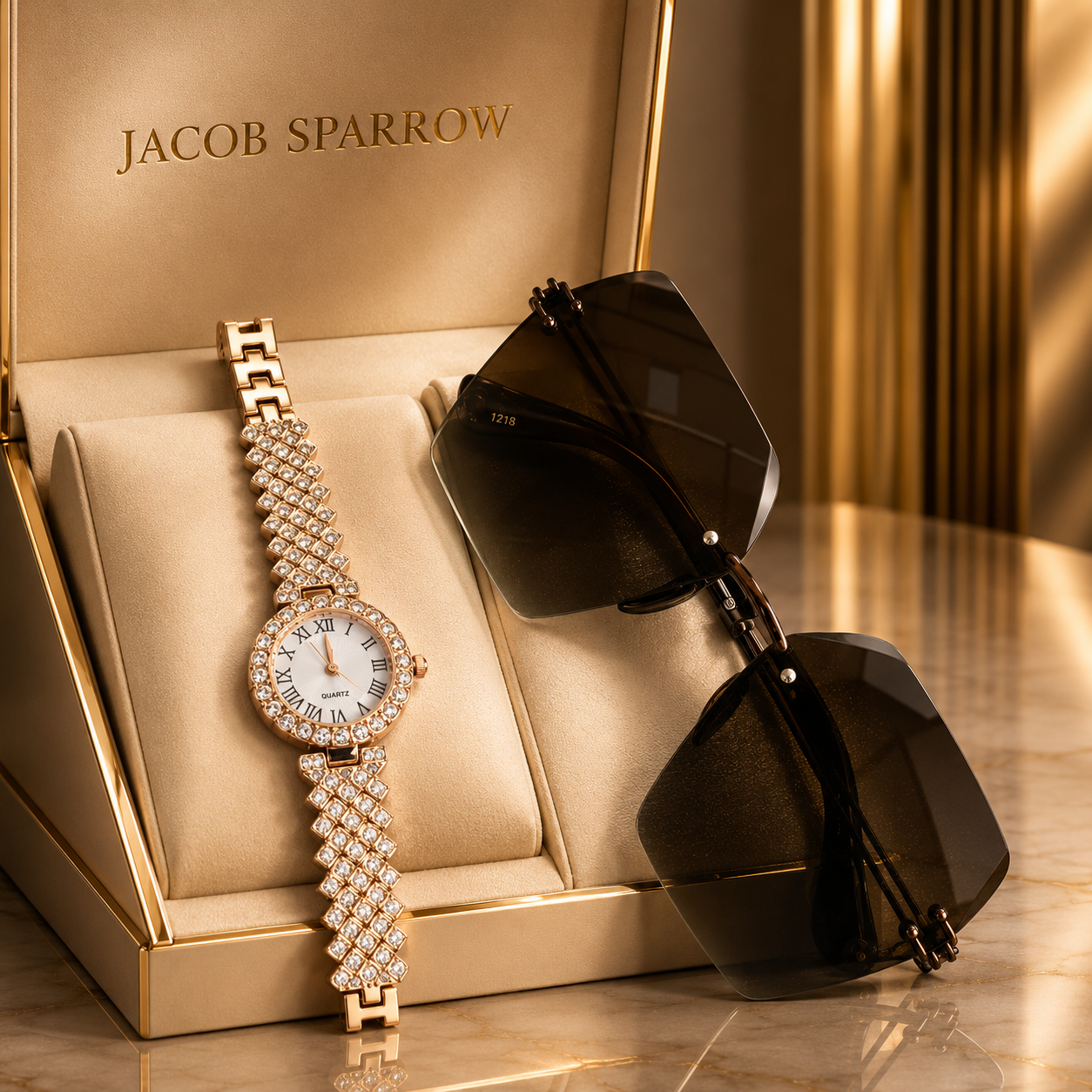 Jacob Sparrow Luxury Women's STELLARIA Analog Watch & Premium Sunglasses Combo | Elegant Fashion Gift Set