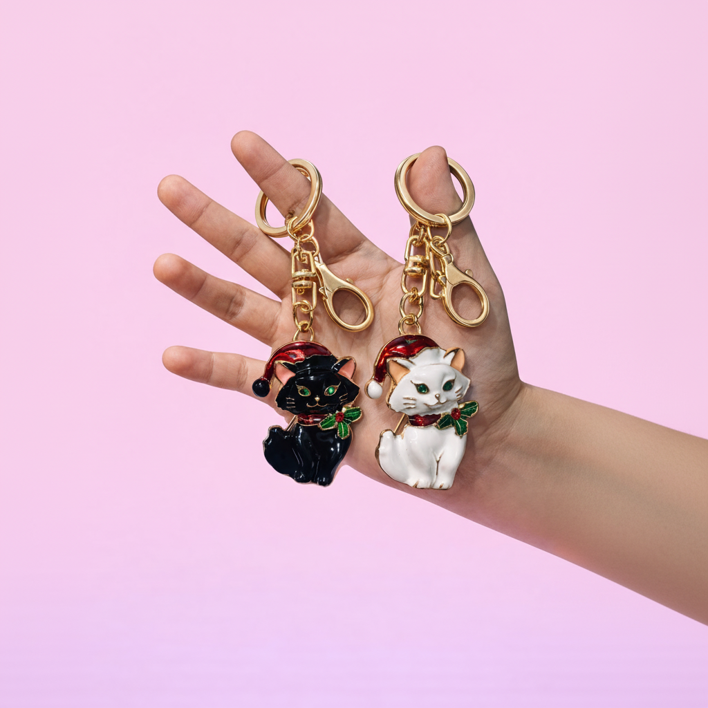 Christmas Cat Charm Key Ring & Bag Accessory
