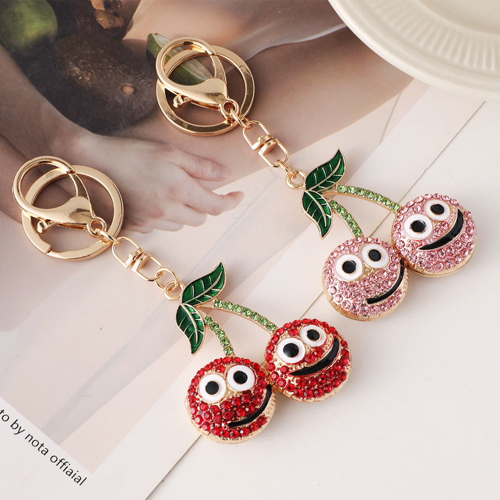 Cute Cherry Rhinestone Keychain with Smiley Face