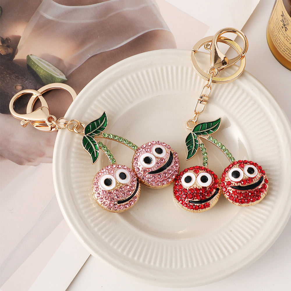 Cute Cherry Rhinestone Keychain with Smiley Face