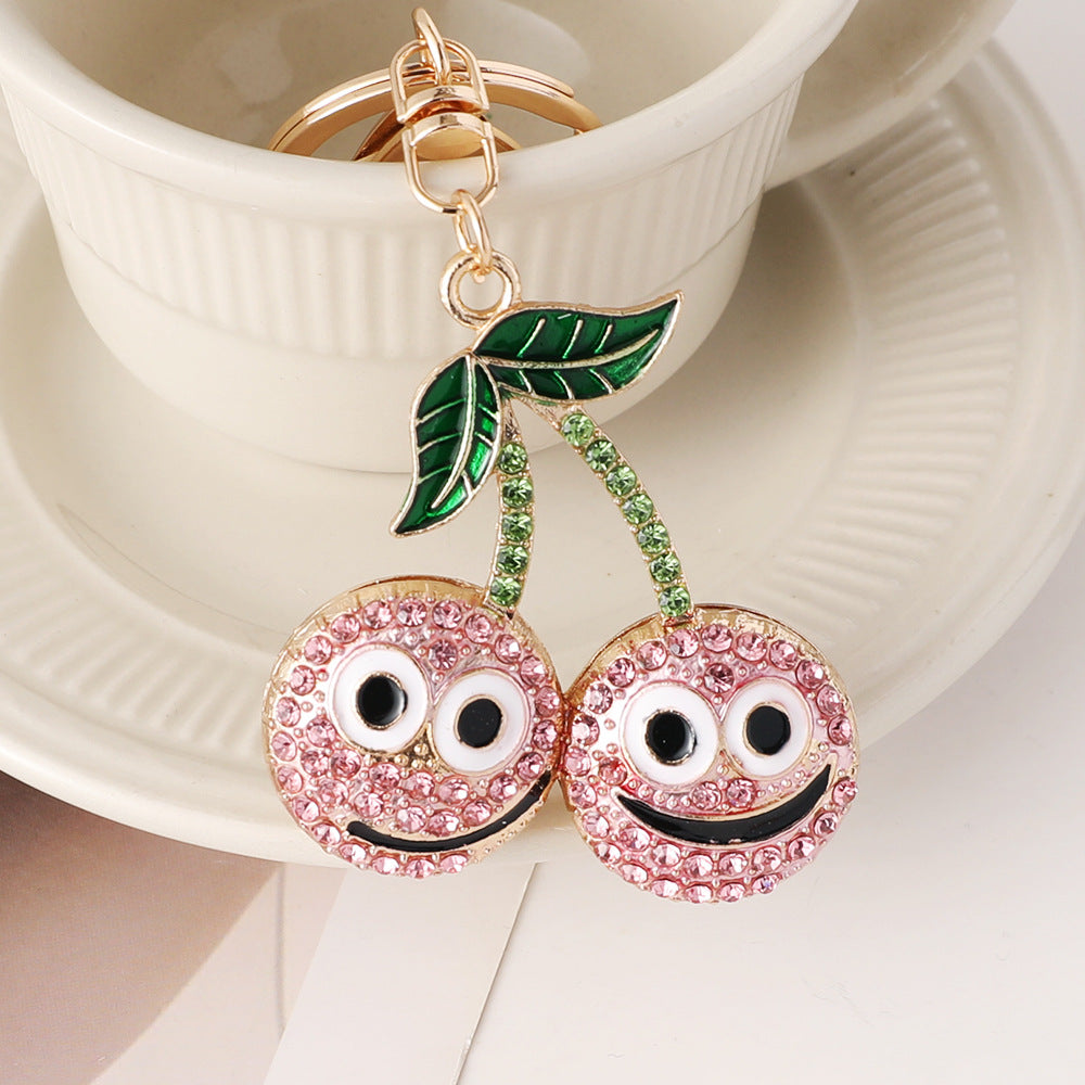 Cute Cherry Rhinestone Keychain with Smiley Face