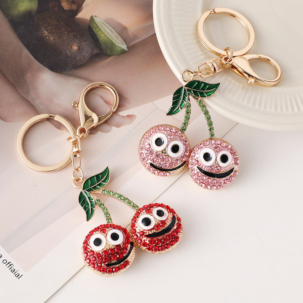 Cute Cherry Rhinestone Keychain with Smiley Face