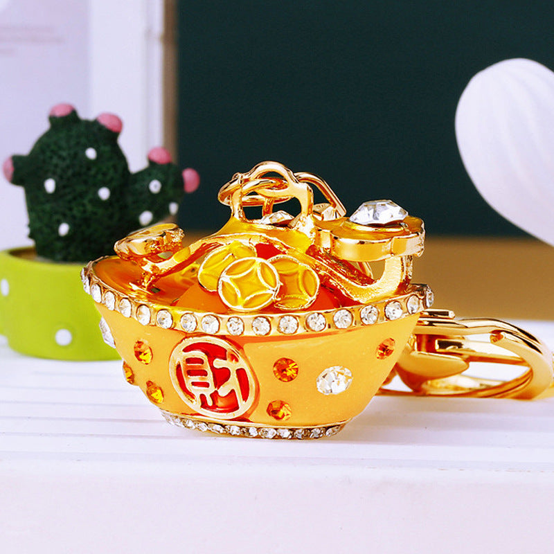 Chinese Fortune Money Pot Bag Charm & Key Ring for Prosperity and Good Luck