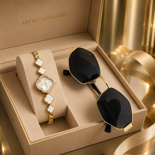 Jacob Sparrow Luxury Women's PETAL PERFECTION Analog Watch & Premium Sunglasses Combo | Elegant Fashion Gift Set